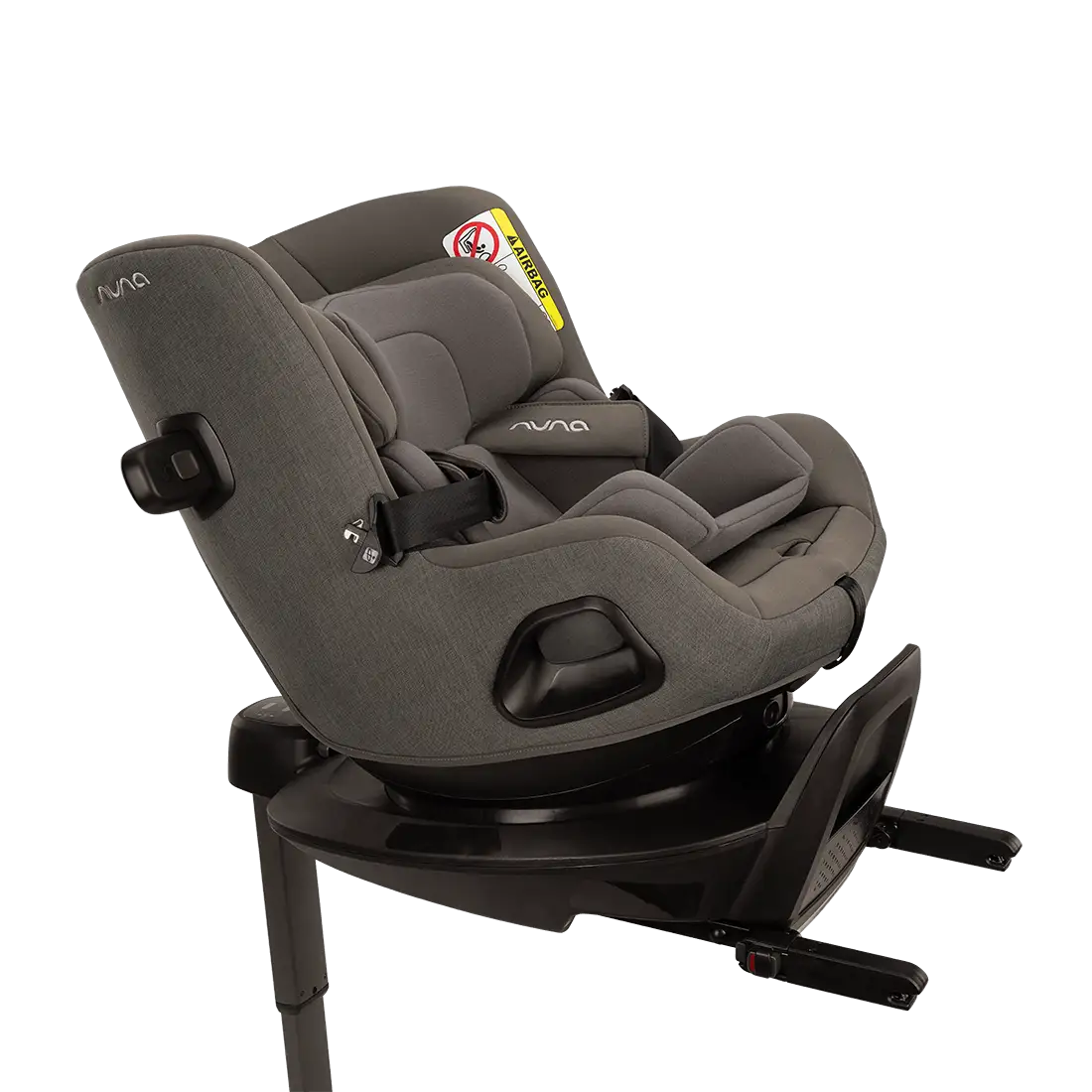 Cadeira auto Nuna Pruu i-Size em preto Caviar, vista frontal com base e perna de apoio.