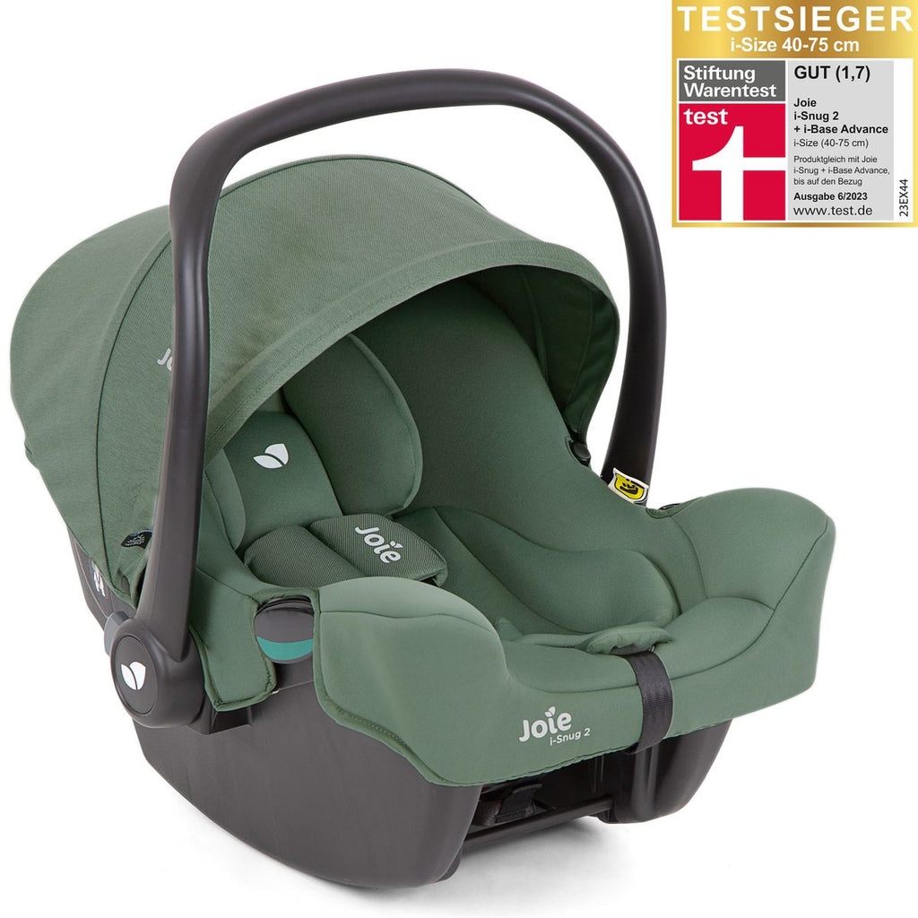 Cadeira auto ovo Joie i-Snug 2 na cor cinzento/preto, vista frontal, instalada contra a marcha num carro. Foco na segurança i-Size.