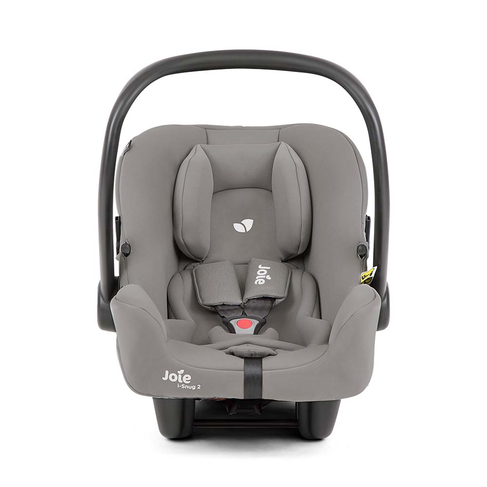 Cadeira auto ovo Joie i-Snug 2 em cor neutra, com foco na etiqueta de certificação i-Size ECE R129/02.