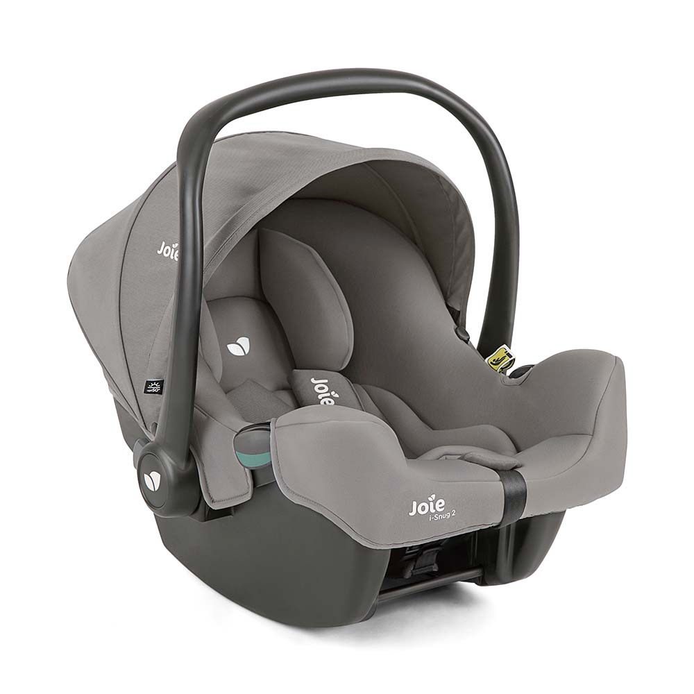 Cadeira Joie i-Snug 2 em cor escura, vista lateral, a demonstrar o perfil compacto e a certificação i-Size.
