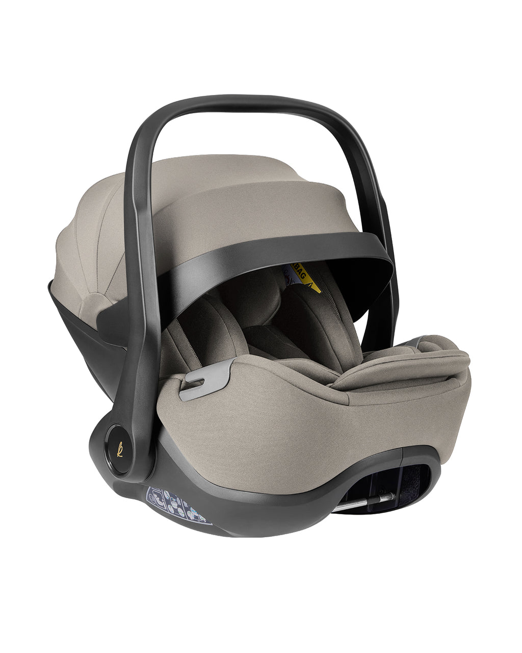 Ovo Kikkaboo i-Class em cor bege/cinza, com alça de transporte preta, visto de lado e ligeiramente de cima.