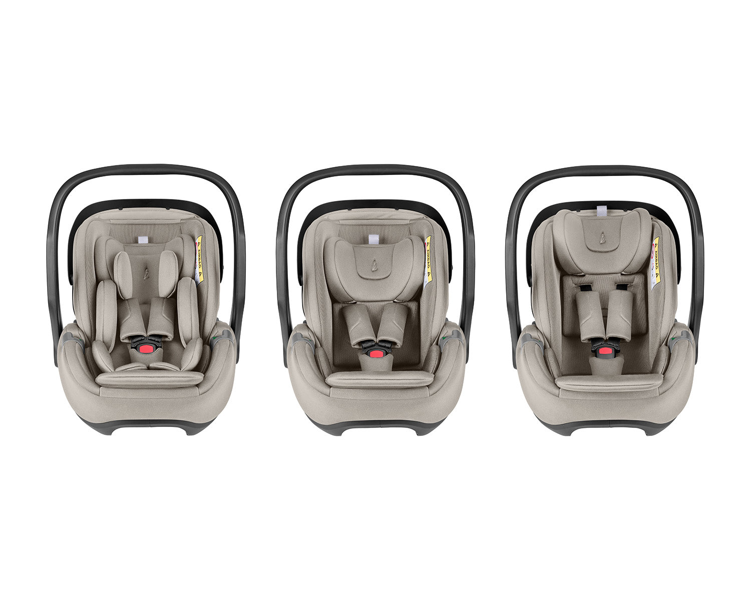 Três vistas da cadeira auto Kikkaboo i-Class, mostrando as diferentes configurações de uso com o redutor de recém-nascido e sem ele.