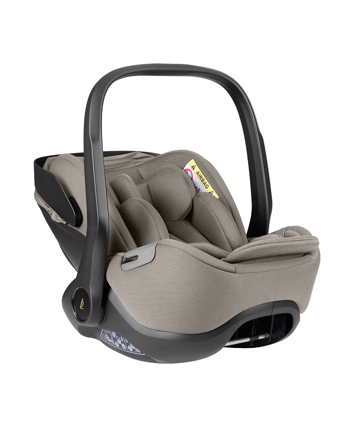 Imagem de estúdio da cadeira auto ovo Kikkaboo i-Class em tecido cor de areia, com alça preta, isolada em fundo branco.
