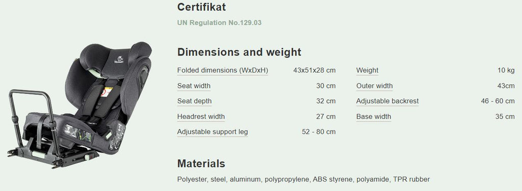 [Vista lateral da cadeira auto TinySeats Two em contra marcha, destacando a barra anti-recuo e base.]