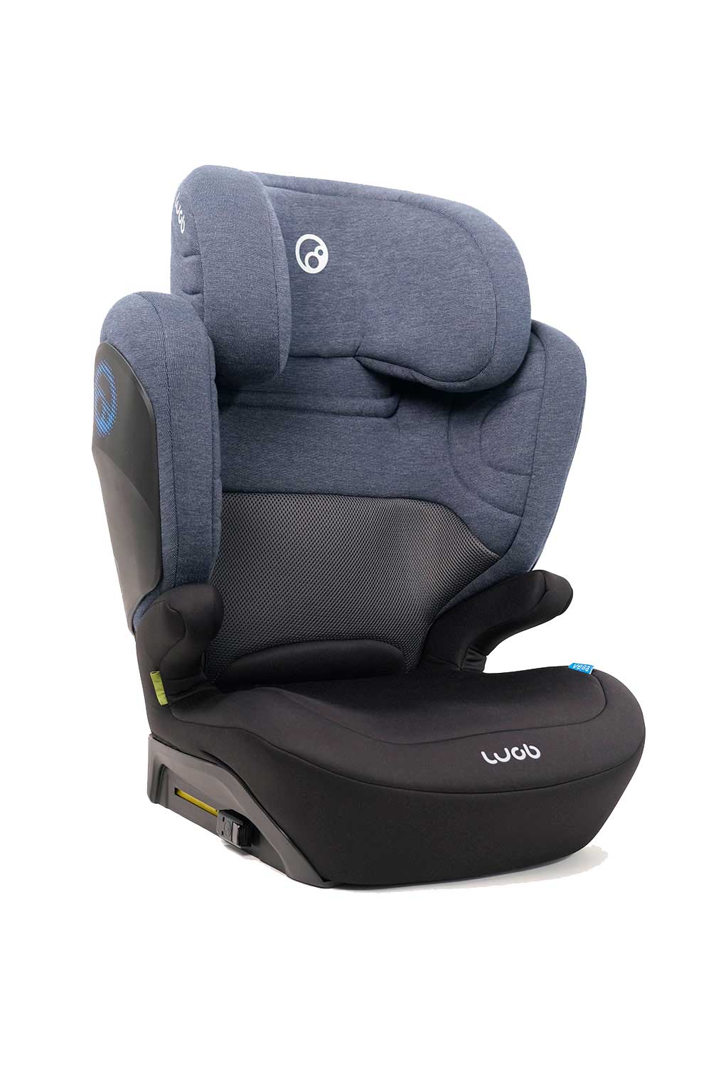 Cadeira auto elevatória Wob Vega azul/cinzento, vista frontal em ângulo, destacando o design ergonómico e os detalhes laterais.