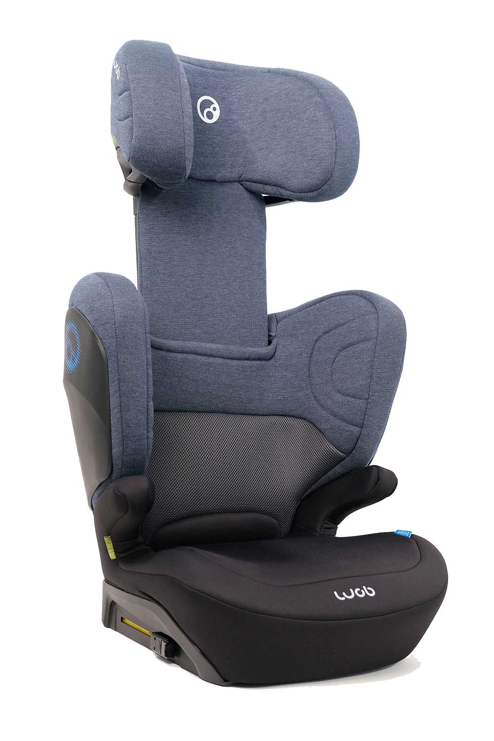 Cadeira auto elevatória Wob Vega azul/cinzento, vista de lado, com encosto de cabeça ajustável e base preta.