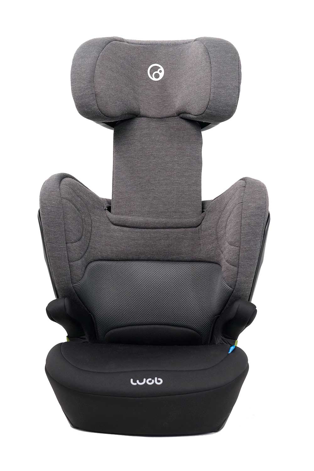 Cadeira auto elevatória Wob Vega cinzenta escura, vista frontal, com foco no tecido respirável e no apoio de cabeça ajustável.