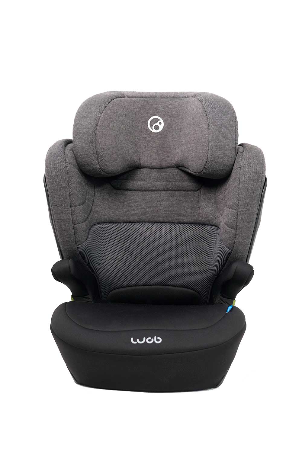 Cadeira auto elevatória Wob Vega cinzenta escura, vista frontal completa, mostrando o assento e o encosto com o logótipo Wob na base.
