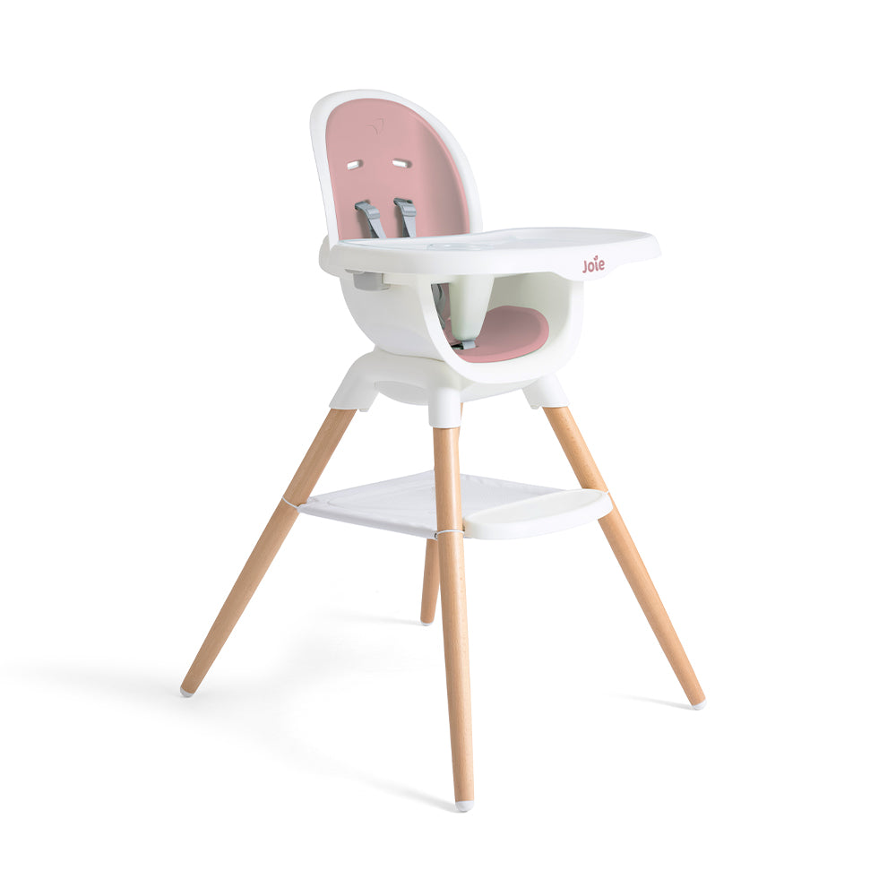 Visão lateral da cadeira evolutiva Joie Chestnut, mostrando as 3 posições de altura ajustáveis e o encosto reclinável.