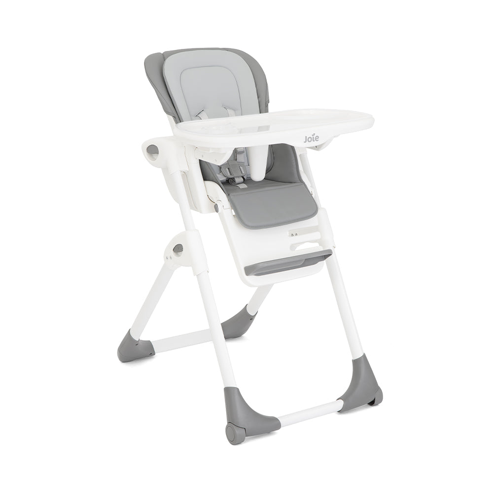 Cadeira de refeição Joie Mimzy Recline em cor neutra, totalmente montada e pronta a usar, focando no design moderno e assento confortável.