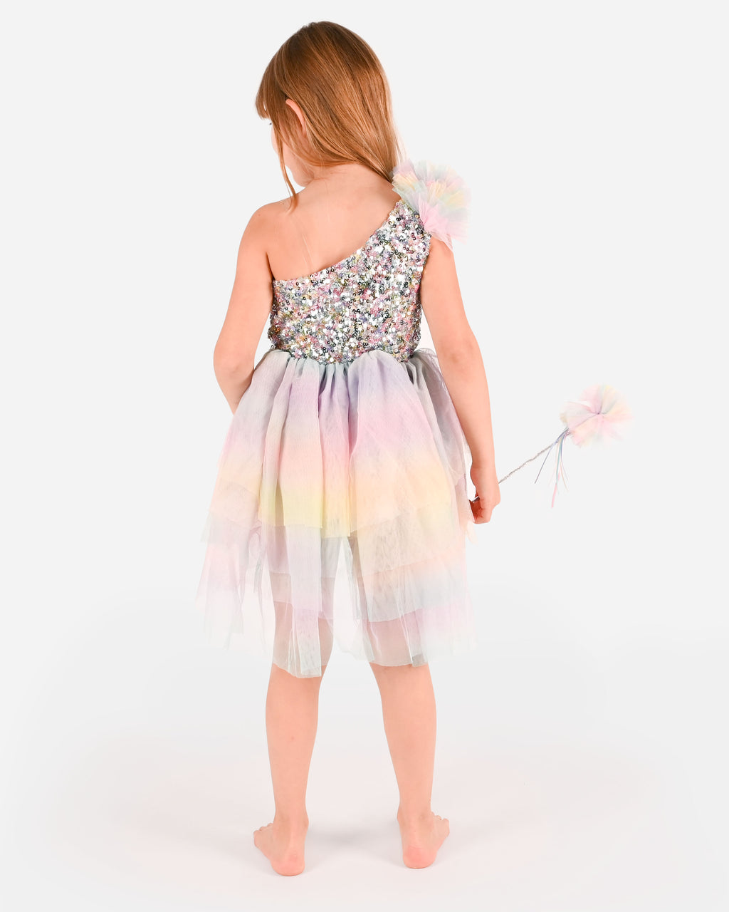 Vestido de fada arco-íris da Den Goda Fen com lantejoulas prateadas, saia de chiffon colorida e varinha
