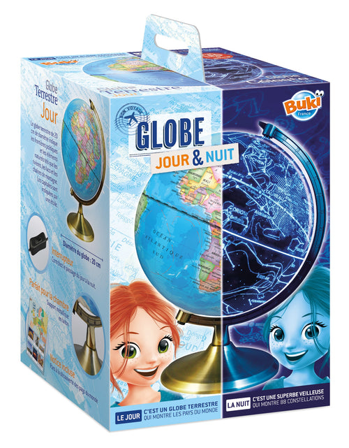 Caixa do produto Globo Terraqueo Dia & Noite da Buki, mostrando o globo com ilustrações de crianças e destaque para as funções diurna e noturna.