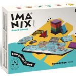 Caixa do jogo de tabuleiro IMANIX Brainbox, com o texto "Two games in one" e ilustrações de peças magnéticas e o mapa-mundo.