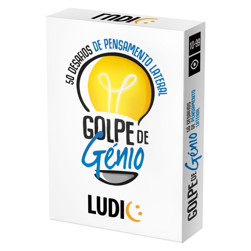 Caixa branca do jogo de cartas "Golpe de Génio" da Ludic, destacando 50 Desafios de Pensamento Lateral e a faixa etária 10-99 anos.