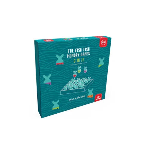 Caixa do jogo de tabuleiro "The Fish Fish Memory Games 6 in 1" da Svoora, com design azul-turquesa e indicação de 4+ anos.