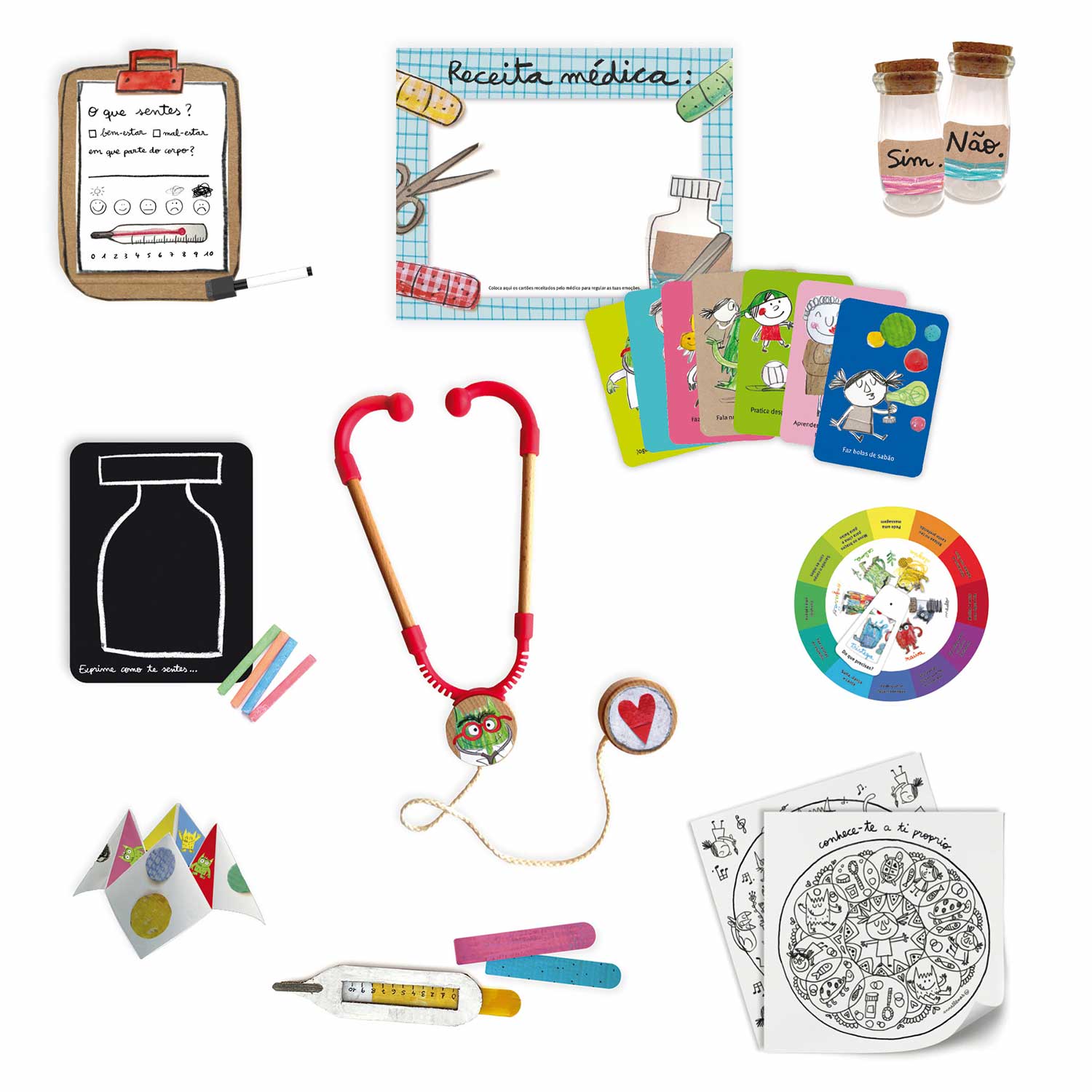 Conjunto completo de acessórios da Mala do Doutor das Emoções: estetoscópio, termómetro, roda de emoções, cartões e receita médica.