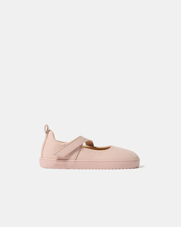 Calçado bailarina barefoot Muris Sienna rosa claro, vista lateral, com fecho de velcro.