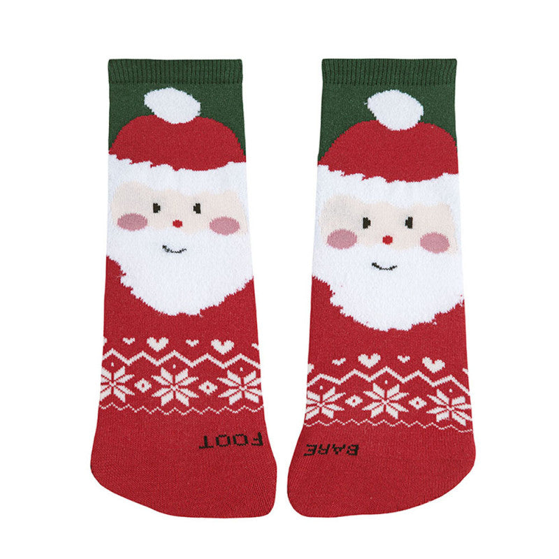 Par de meias Condor Barefoot de Natal para crianças, com design do Pai Natal e flocos de neve em vermelho e verde.
