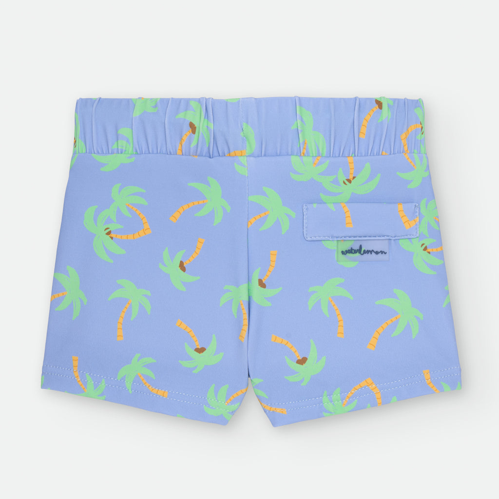 Calções de praia para bebé com estampado de palmeiras e detalhe de bolso falso traseiro, vista posterior.