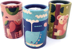 Três caleidoscópios Svoora em pé com desenhos de elefante, baleia e koala.