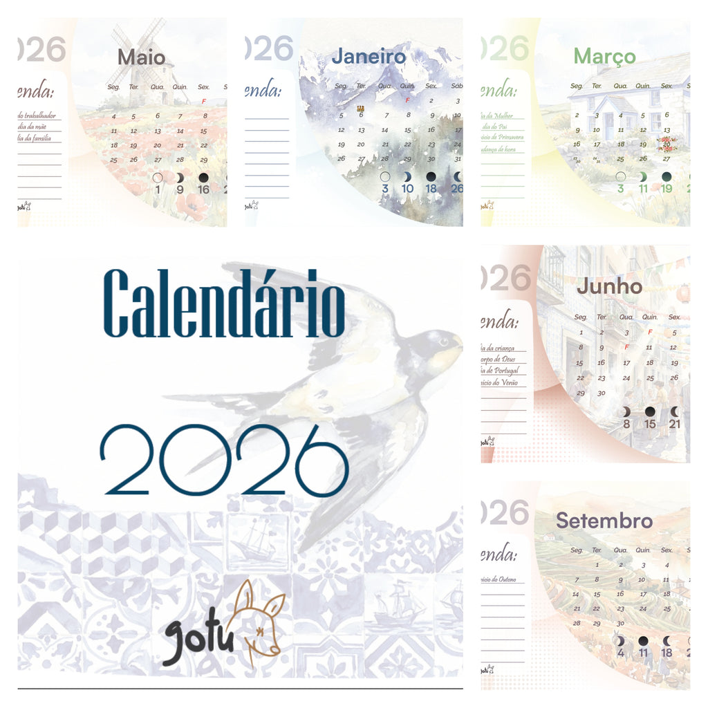 Capa e exemplos de meses do Calendário Gotu 2026, mostrando ilustrações de pássaros, barcos e fases da lua, com um design limpo em Português Europeu.