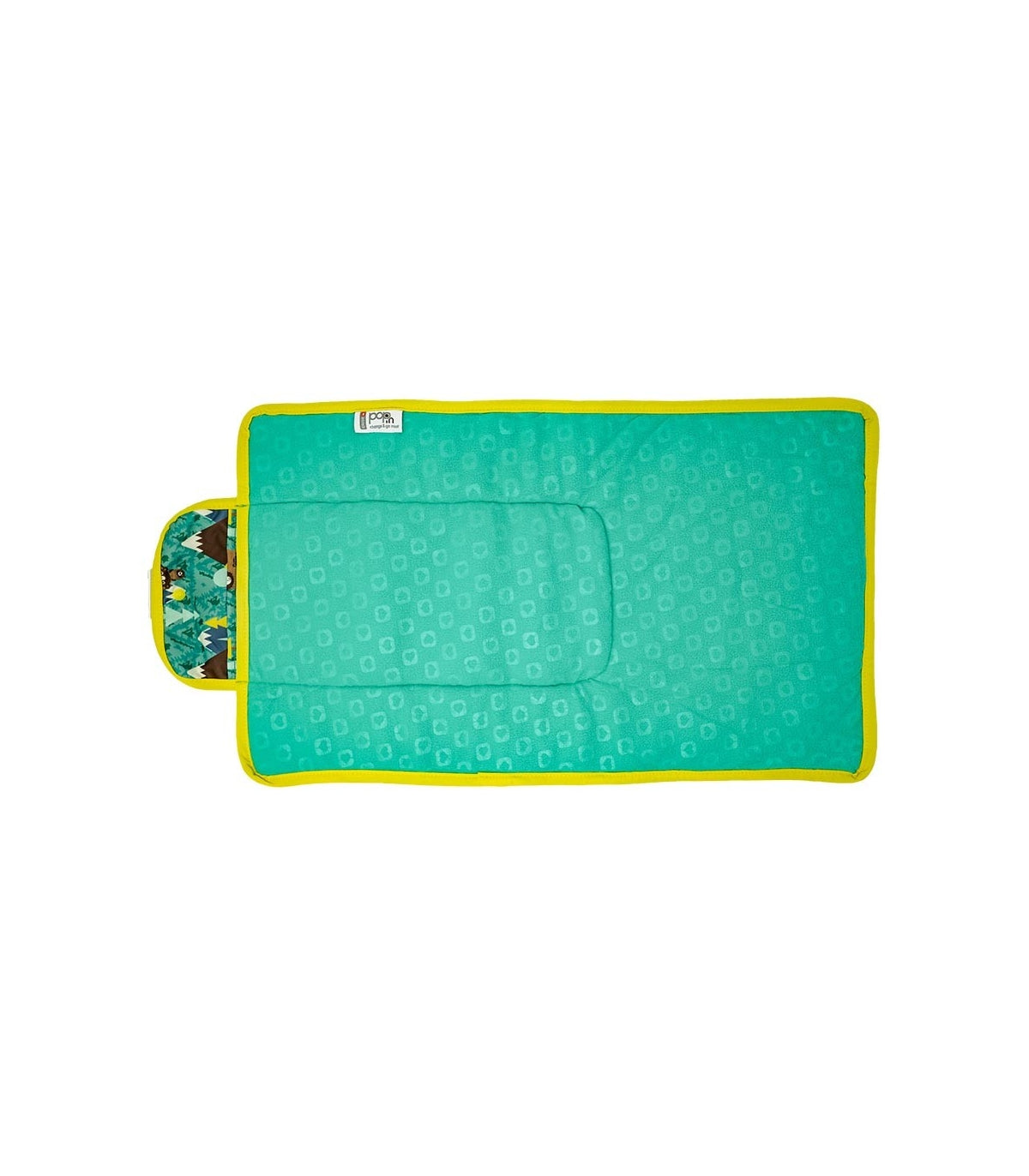 Muda fralda portátil Close Bear totalmente desdobrado, mostrando a superfície verde texturizada e o bolso com padrão de ursos.