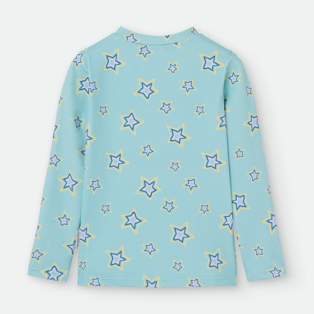 Camisola de manga comprida Waterlemon turquesa com estampado de estrelas multicoloridas vista de costas.