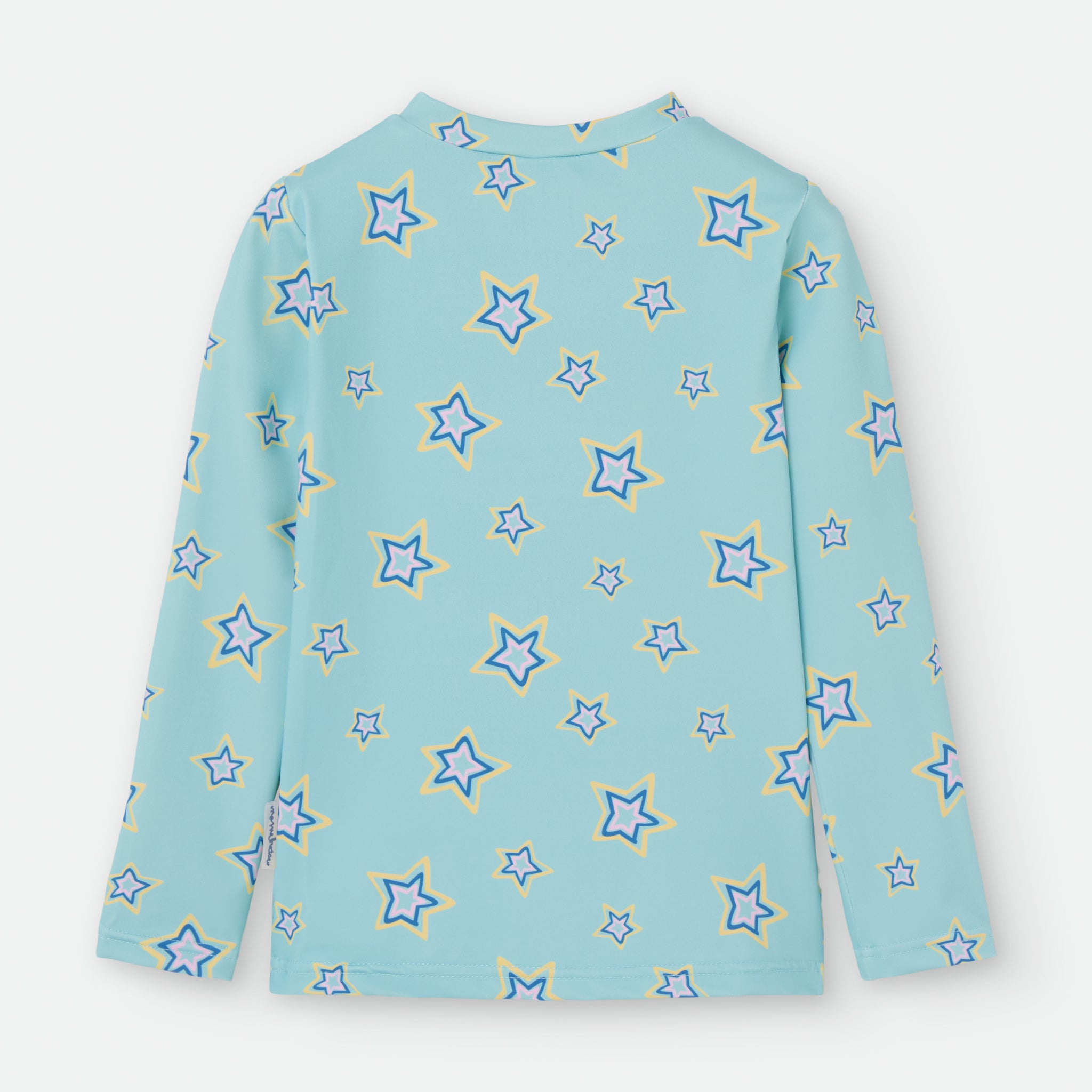 Camisola de manga comprida Waterlemon turquesa com estampado de estrelas multicoloridas vista de costas.