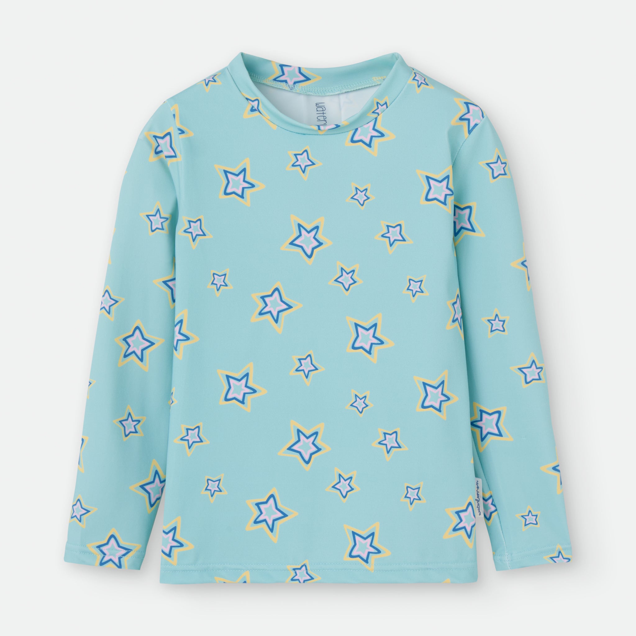 Camisola de manga comprida Waterlemon turquesa com estampado de estrelas para proteção solar infantil.