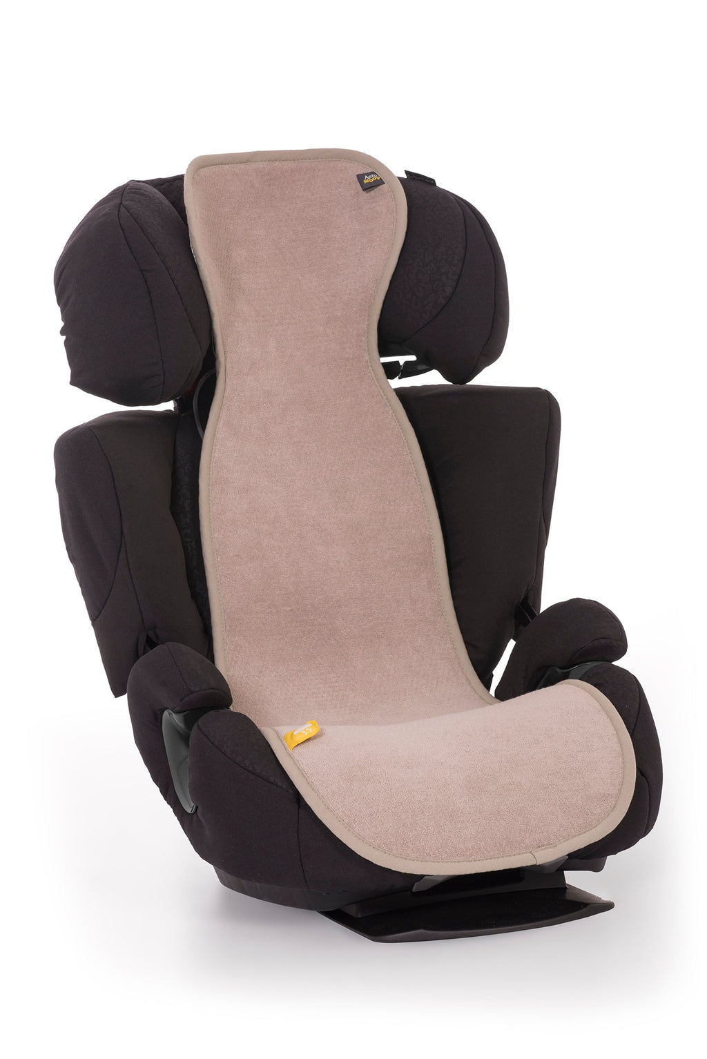 Vista lateral da capa anti transpirante Aeromoov instalada numa cadeira auto Grupo 2/3 preta, destacando a cobertura total da zona das costas e assento.