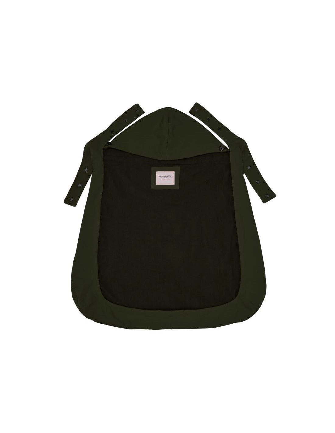 Vista interior da capa Wombat para babywearing, mostrando o forro de *fleece* macio e a etiqueta da marca Wombat & Co. em fundo branco.