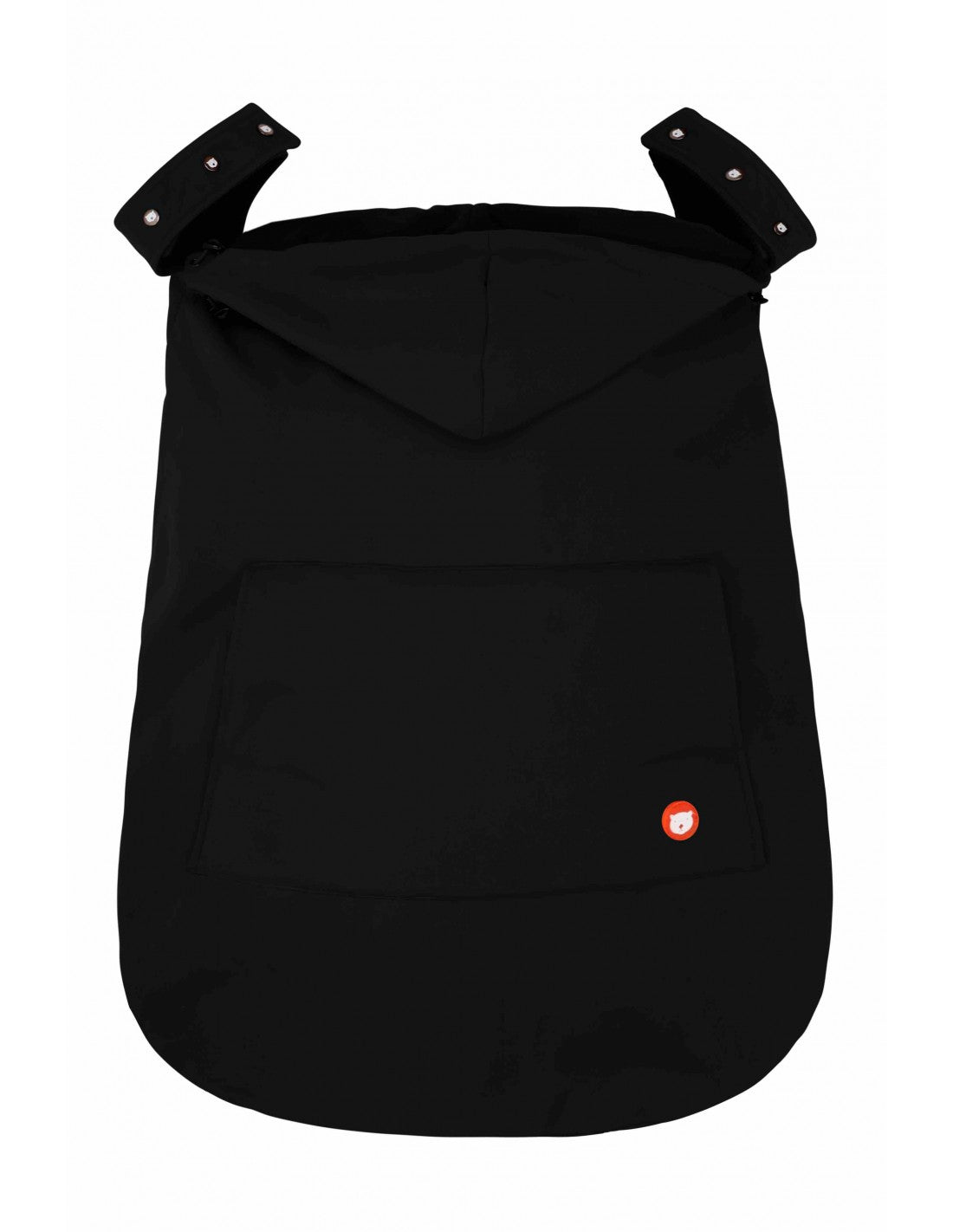 Capa Wombat preta para babywearing, vista frontal, com capuz dobrado e bolso grande para as mãos.