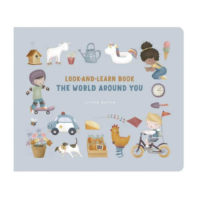 Detalhe da capa do livro "Look-and-Learn Book The World Around You" da Little Dutch, com ilustrações de crianças, animais e objetos do dia a dia.