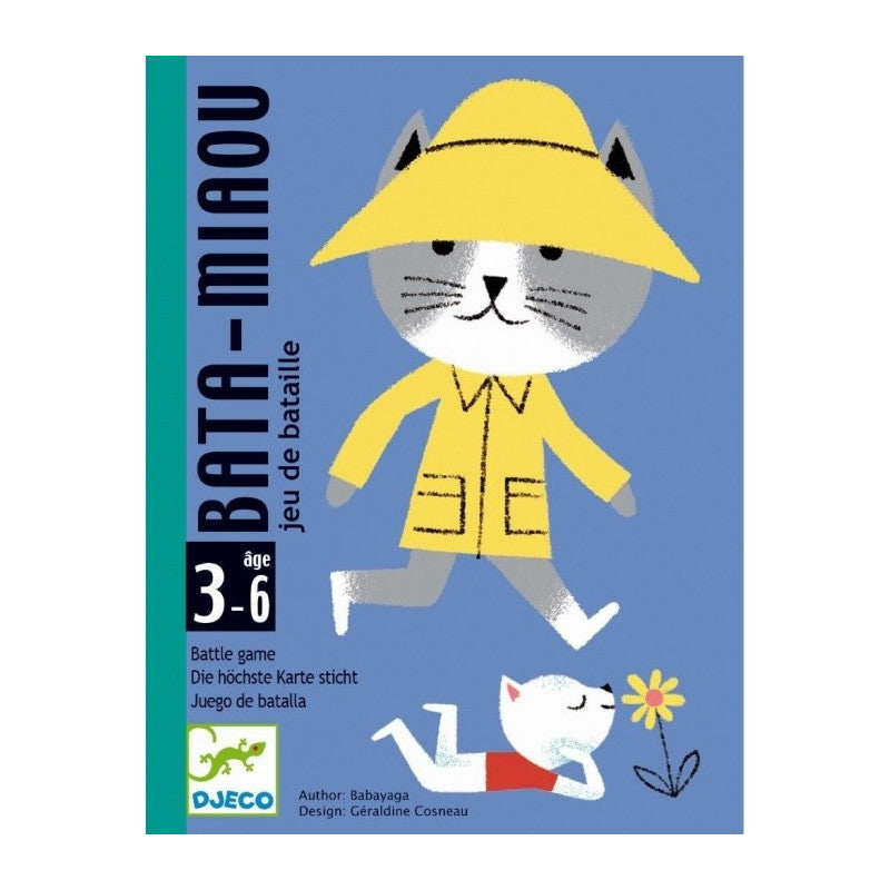 Capa do jogo de cartas Bata-Miaou da Djeco, mostrando um gato de impermeável amarelo e a indicação de idade 3-6 anos.
