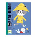 Capa do jogo de cartas Bata-Miaou da Djeco, mostrando um gato de impermeável amarelo e a indicação de idade 3-6 anos.