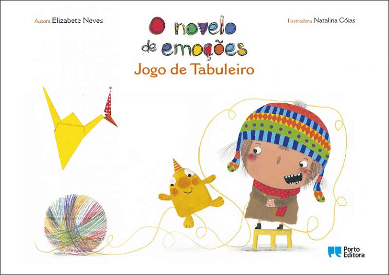 Capa do jogo de tabuleiro "O Novelo de Emoções" de Elizabete Neves, com ilustrações de Natalina Cóias, mostrando a personagem principal e um novelo de lã colorido.
