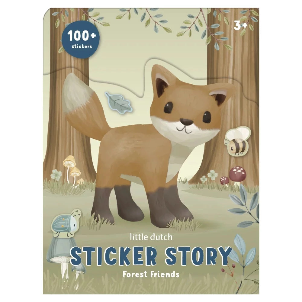 Capa do livro de autocolantes Little Dutch Forest Friends, com um desenho de uma raposa simpática e a indicação de '100+ stickers' e idade 3+.