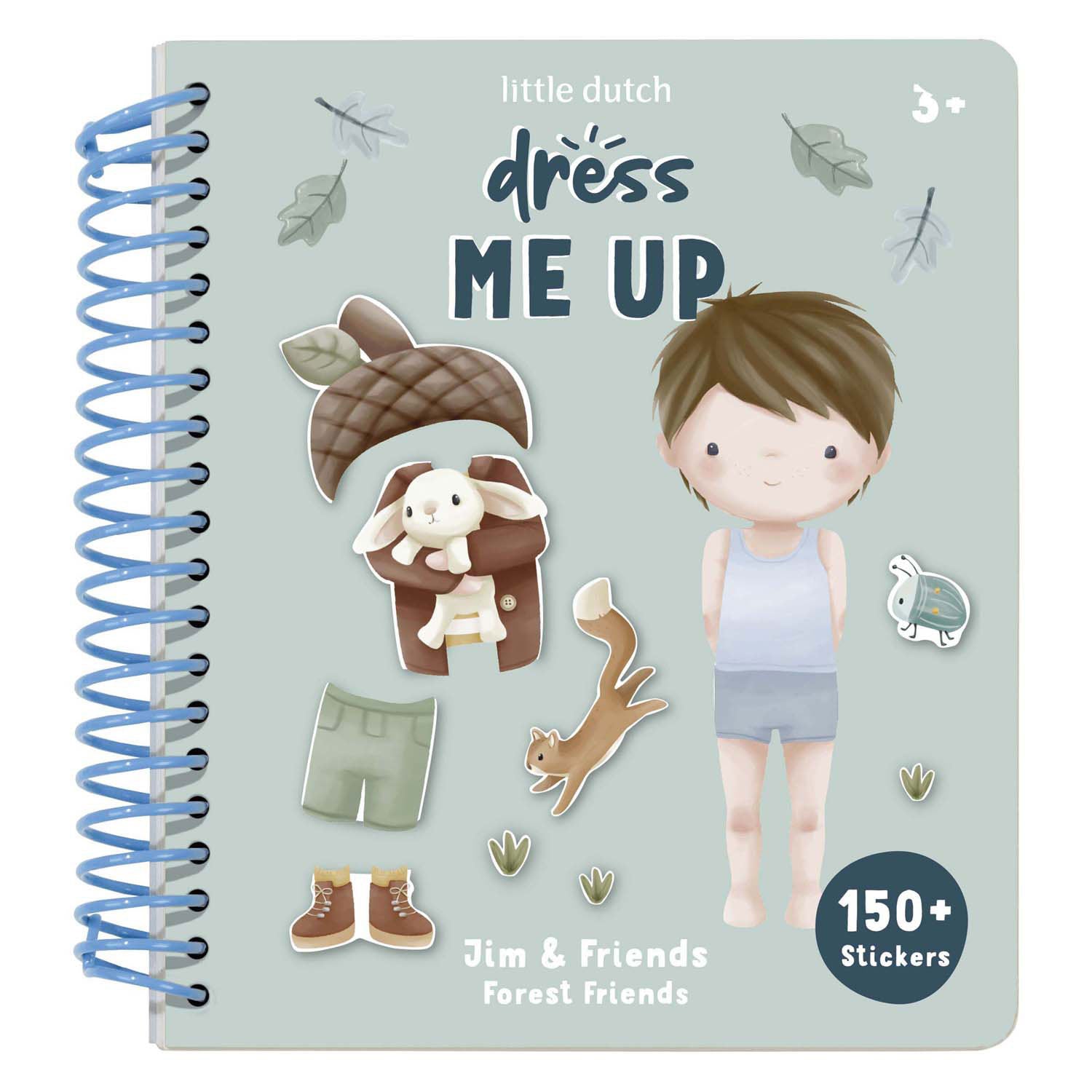 Capa do livro interativo "Dress Me Up: Jim & Friends Forest Friends" da Little Dutch, mostrando o personagem Jim e um coelho, com acessórios e a indicação de mais de 150 autocolantes.