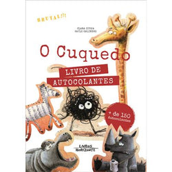 Capa do livro infantil "O Cuquedo Livro de Autocolantes" da Livros Horizonte, com ilustrações de animais da selva como girafa, zebra, hipopótamo e rinoceronte, e a indicação "+ de 150 Autocolantes".