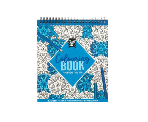 Capa alternativa do livro de colorir Creative Craft com padrão de mandala em tons de azul e branco, com lápis azuis.