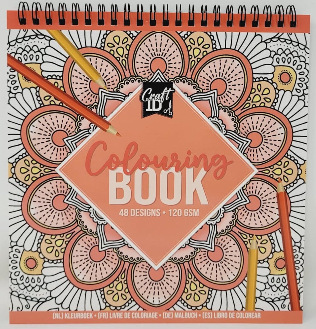 Capa do livro de colorir Creative Craft com mandala em tons de coral/laranja, indicando 48 designs e papel 120 GSM.