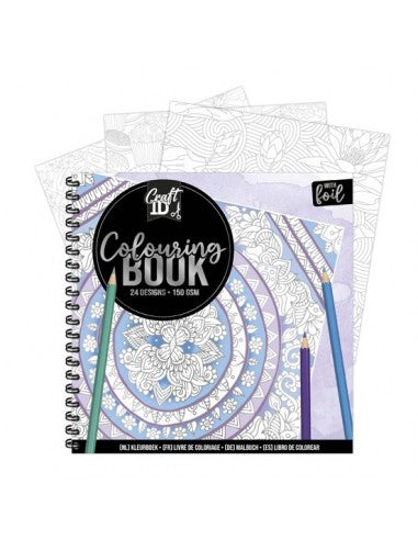 Capa do livro de colorir Creative Craft com espiral, apresentando uma mandala em tons de azul e lavanda, com lápis de cor e indicação de 24 designs e 150 GSM.