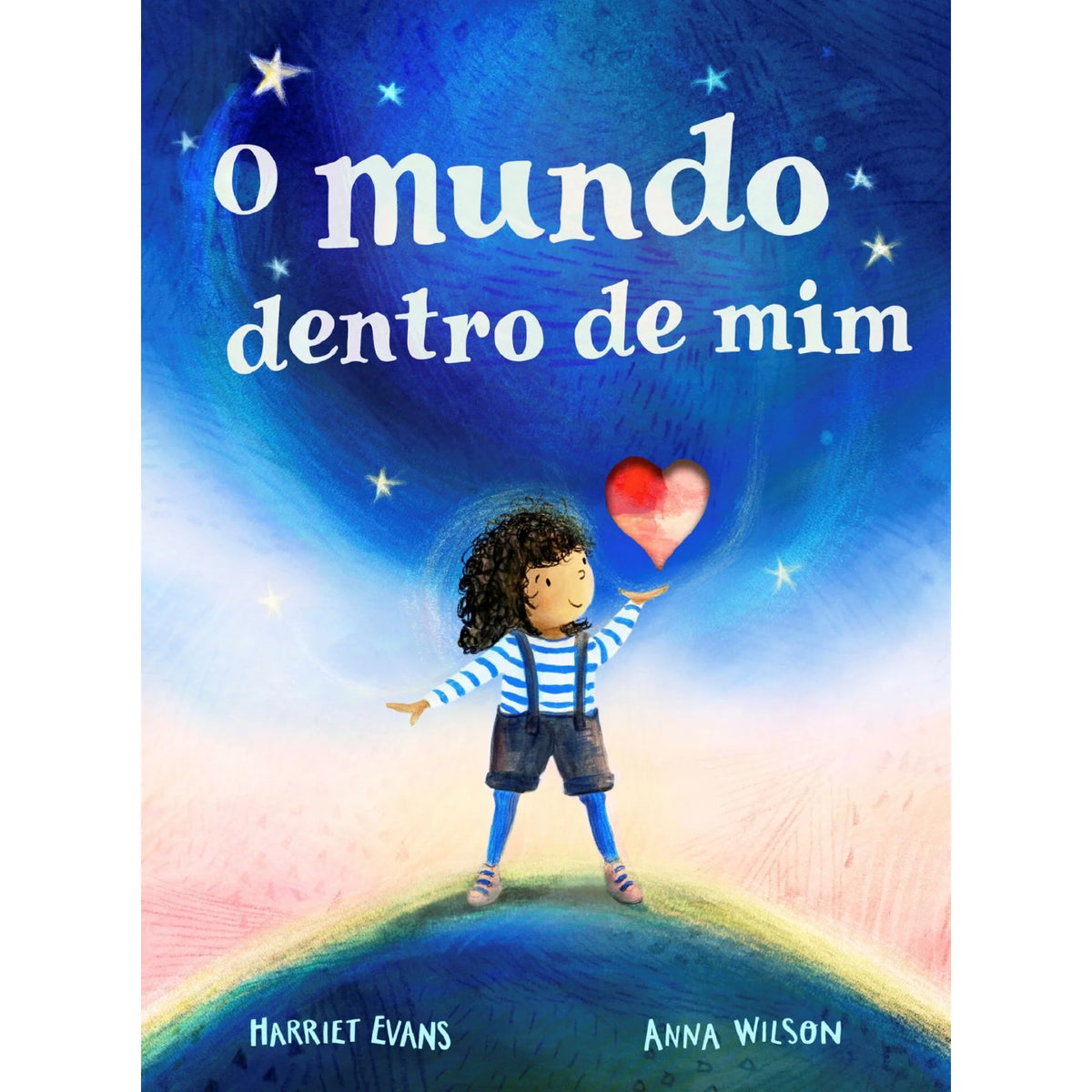 Capa do livro ilustrado "O Mundo Dentro de Mim", mostrando uma criança de pé num horizonte azul escuro e claro, segurando um coração vermelho flutuante.