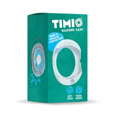 Embalagem da capa de proteção em silicone branco para o leitor TIMIO, destacando a proteção contra impactos e riscos.