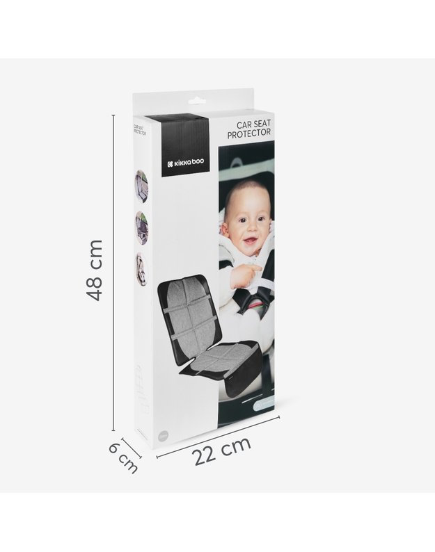 Kikkaboo Capa protetora de banco na sua embalagem, exibindo as dimensões de 48x22x6 cm e a imagem de um bebé em cadeira auto.