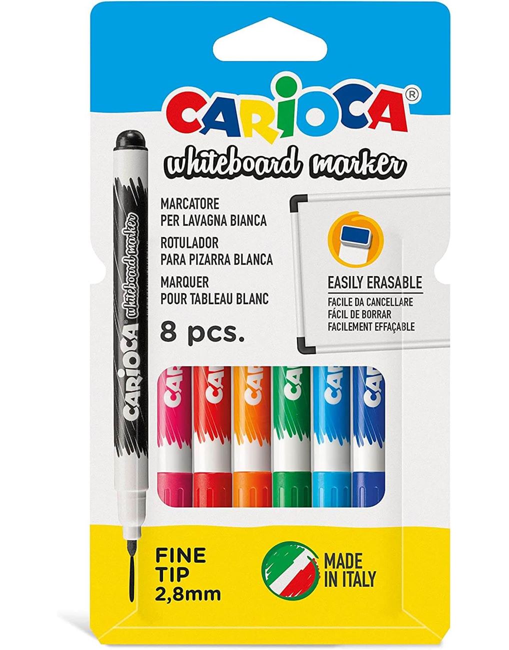 Marcador azul para quadro branco CARIOCA e paleta com 8 cores sortidas