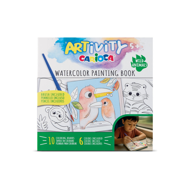 Livro de colorir Carioca Artivity com animais selvagens e paleta de aguarelas integrada.