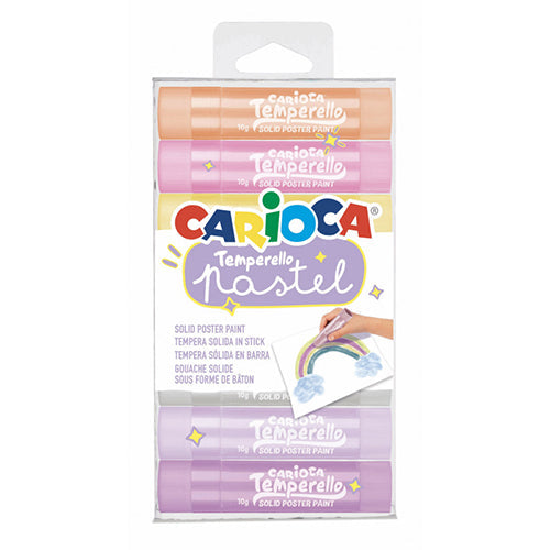 Embalagem da Carioca Temperello Pastel com 6 sticks de guache sólido em tons pastel, mostrando o uso para desenhar um arco-íris.