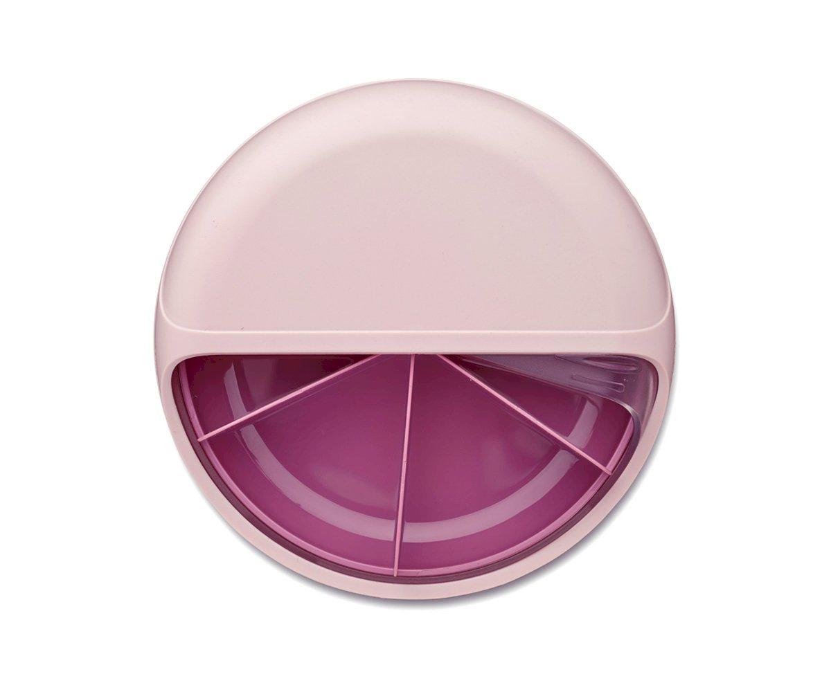 Lancheira Carl Oscar BentoDisc rosa aberta, mostrando os 5 compartimentos internos em formato de fatia de pizza para snacks secos.