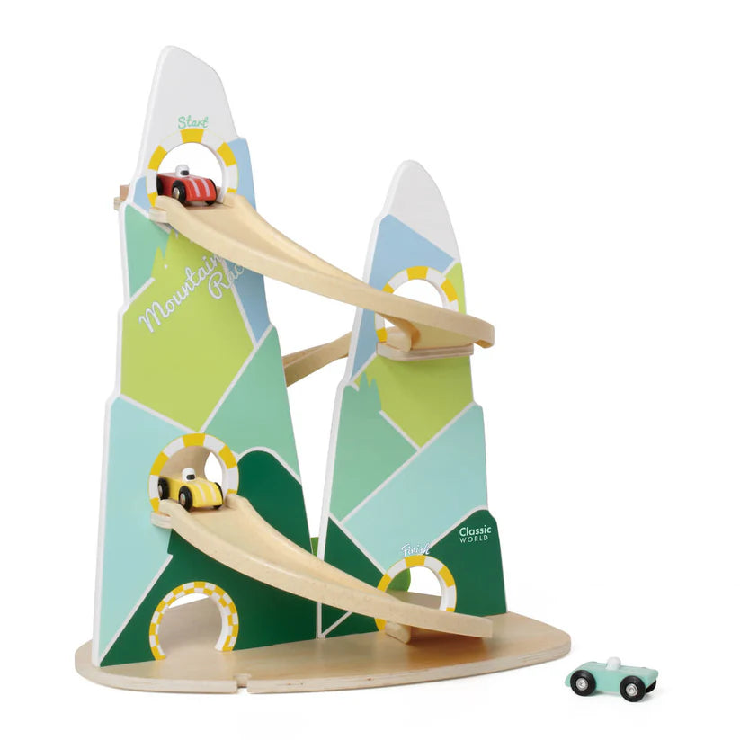 Pista de corrida Classic World Pista na Montanha com dois carros, um vermelho no topo e um amarelo a meio, a descer as rampas.